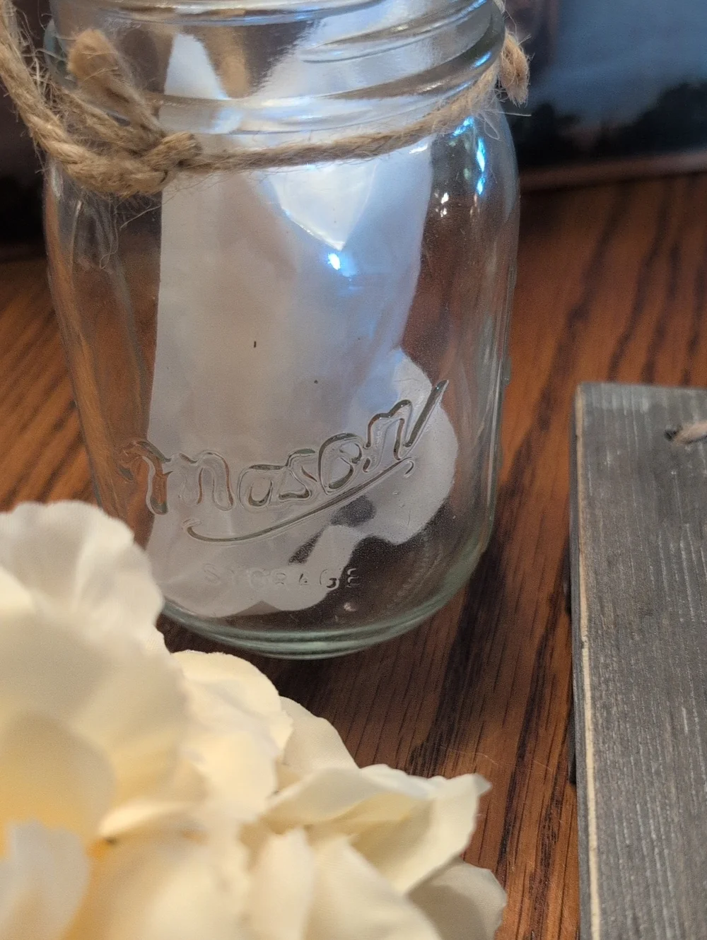 Farmhouse Hydrangea Wall Sconce with Cream Faux Blooms and Mason Jar Light